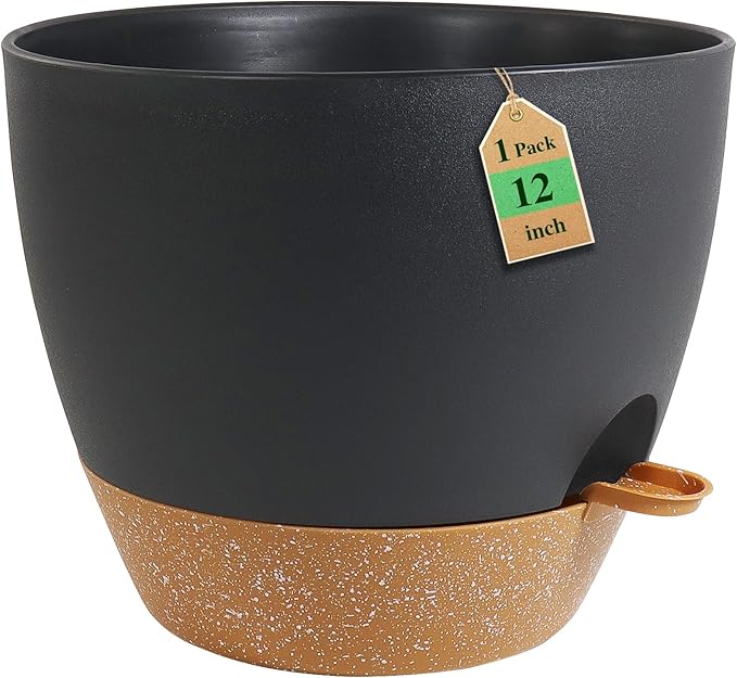 WSMKSZ 12 inch Large Self Watering Pots, Flower Plant Pots with Drainage Holes for Indoor Outdoor Garden Plants, Plastic Planters with Removable Deep Reservoir, Black with Brown