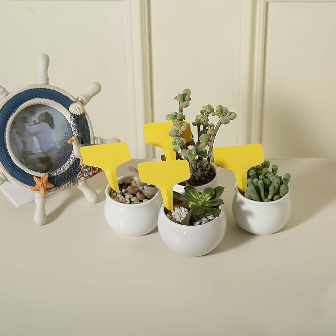 100 Pcs T-Type Plant Labels with a Gel Pen, Waterproof Nursery Plant Tags Plastic Garden Markers, Yellow, 6 x 10cm