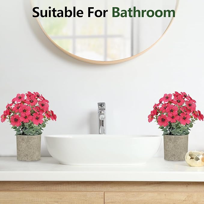 2 Pack Small Fake Plants Potted Artificial Plants Artificial Flowers Potted Faux Flower Daisy with Eucalyptus Leaves for Home Decor Office Room Farmhouse Indoor Table Bathroom Decor（Magenta）