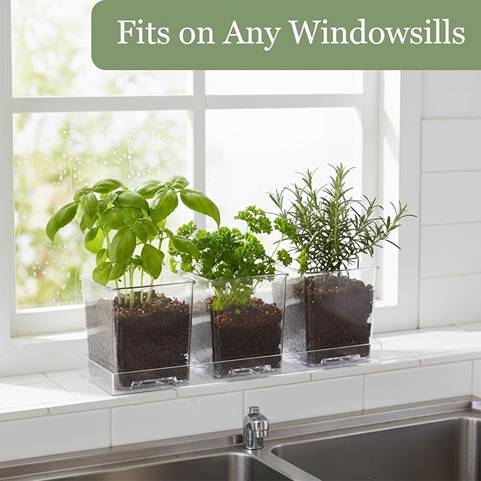 Indoor Herb Garden Kit, Herb Planter Set with Tray, Set of 3 Acrylic Garden Pots, Window Sill Plant Shelf with Drainage Holes and Labels & Marker Pen, Rosemary Plant Pots