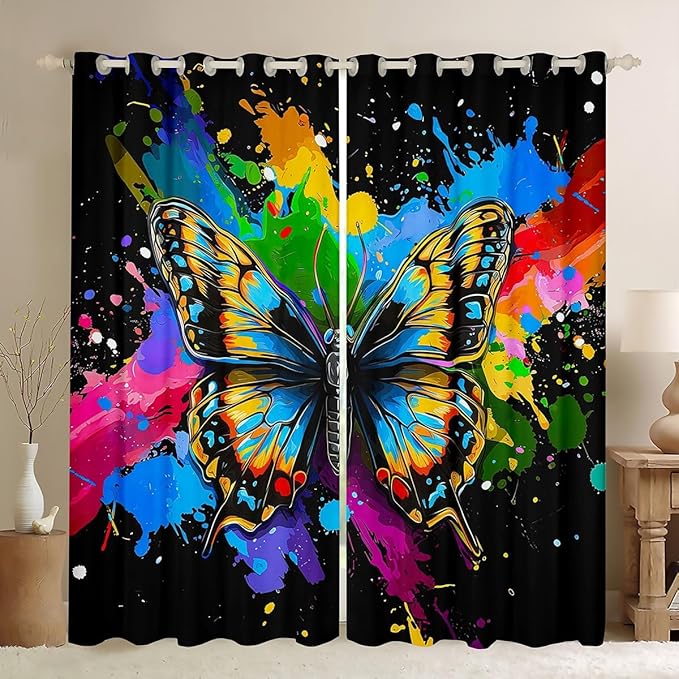 Colorful Butterfly Curtains & Drapes,Rainbow Oil Painting Window Curtains,Moth Rustic Animals Blackout Curtains 2 Panels 42"Wx90"L,3D Wildlife Window Treatments Blue Teal Green Yellow Red