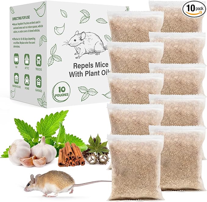 Pest Repellent Pouches, 10 Pack Peppermint Oil for Mice, Rodent, Mouse, Rats, Spider, Squirrel, Pest Control Indoor & Outdoor, Natural Mouse Deterrent Replace Traps Family & Pet Safe