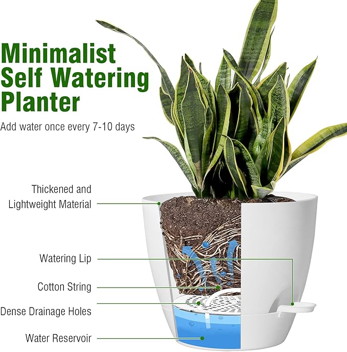 WSMKSZ 10/9/8 inch Medium Self Watering Pots, Plant Pots with Mesh Drainage Holes for Indoor Outdoor Garden Plants, Flower Pots with Removable Reservoir, Set of 3 Plastic Planters, White