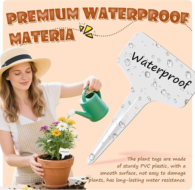 200Pcs Plant Labels Waterproof Plastic Garden Labels T-Type Flower Name Tags Seedling Marker Nursery Plant Tags with Permanent Marking Pen for Flowers Agriculture Horticulture (White)
