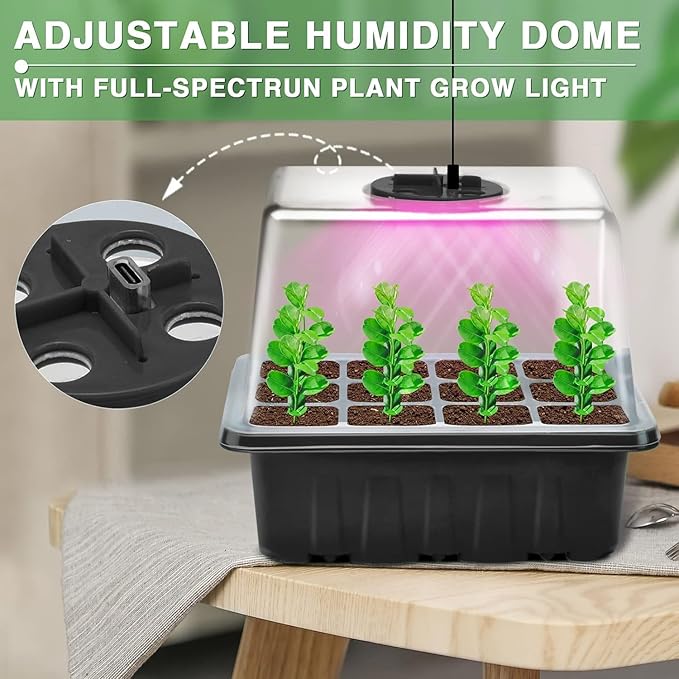 YAUNGEL Seed Starter Tray with Grow Light, 6 Pack Seed Starter Kit with Timing Controller Adjustable Brightness, Thicken Seedling Starter Trays with Humidity Domes Heightened Lids, Black