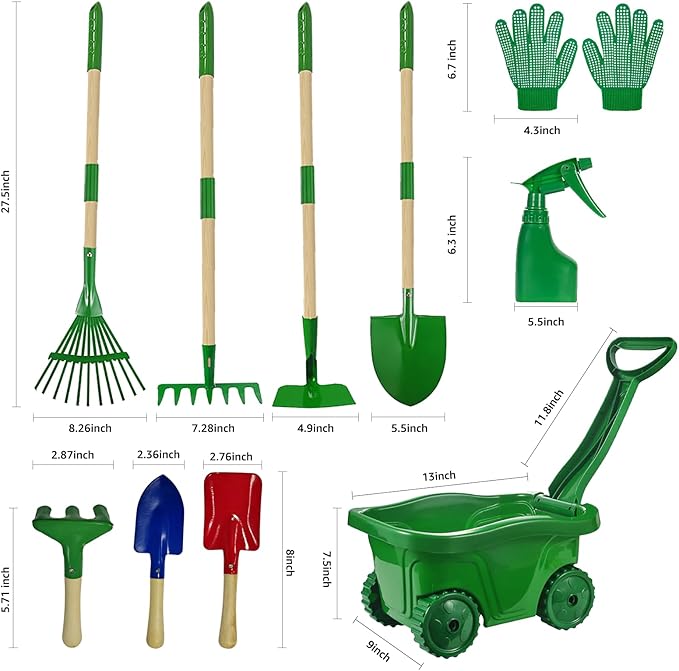 VICHTOP 10Pcs Kids Gardening Tools Set - Wheelbarrow Toys with Shovel, Rake, Hoe and Leaf Rake for Outdoor Backyard Play, STEM Educational Toys, for Toddler Boys & Girls Ages 3 4 5
