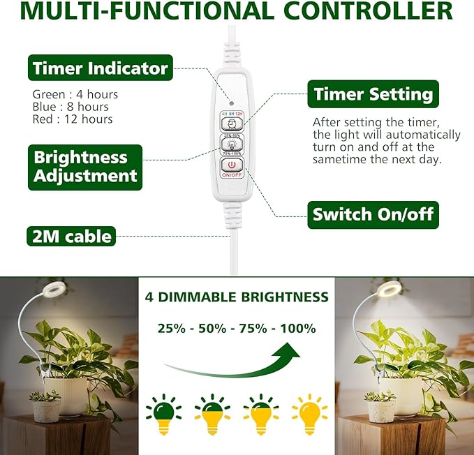 LORDEM Grow Light,Full Spectrum Pot Clip LED Plant Growth Light with Auto On/Off Timer 4/8/12H,Plant Lamp with 360°Rotatable Gooseneck, 4 Dimmable Brightness, Ideal for Small Indoor Plants, 2 Pack