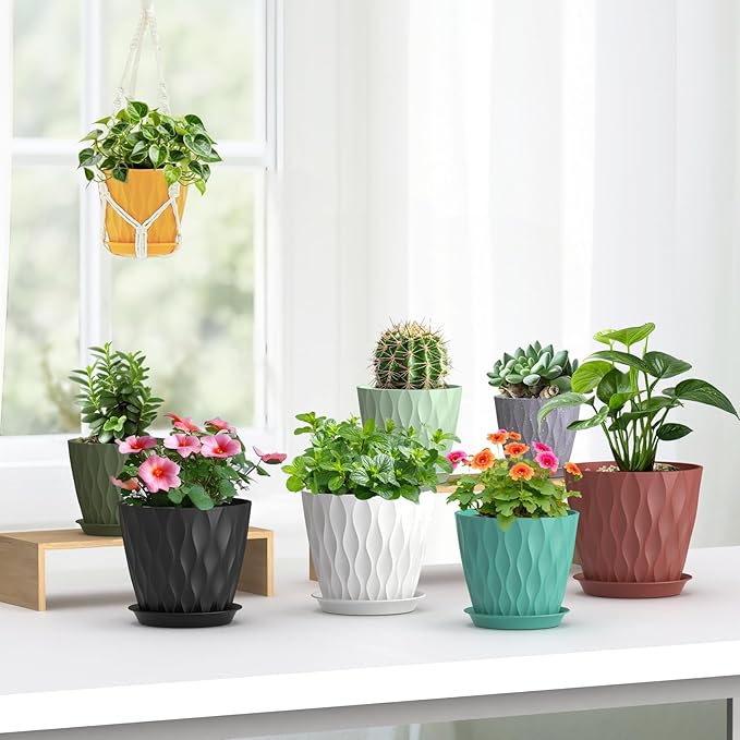 Meowell 7/6.5/6/5.5/5/4.5/4 inch Plant Pots for Indoor Outdoor Plants, 7 Pack Thick Flower Pots with Drainage Holes and Saucers, Modern Wave Texture Small Plastic Planters Nursery Pots, Blue Green