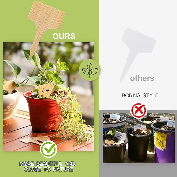 VITEVER 100pcs Plant Labels, T-Type Plastic Tags with Marker Pen, Waterproof Garden Signs for Outdoor Plants (3.9” x 2.4”)
