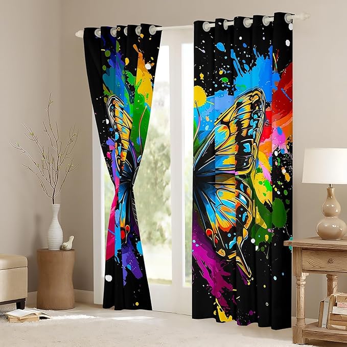 Butterflies Blackout Curtains,Colorful Tie-Dye Oil Painting Window Treatments 2 Panels 42"Wx84"L,Moth Rustic Animals Curtains & Drapes,3D Wildlife Window Curtains Blue Teal Green Yellow Red