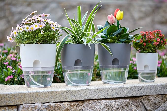 Self Watering Planter for Indoor Plants, 2 Pack 9.3 Inch Flower Pot Modern Decorative Plastic Planter with Extra Large Water Storage for All House Plants, Flowers, Herbs(Gray)