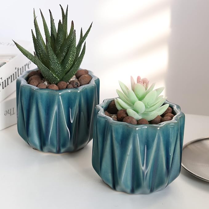 Plant Pot 4 Inch Ceramic Pots, Set of 2 Flower Pots Crackle Glaze Small Planters Pots with Drainage Hole and Mesh Pads for Indoor Outdoor Gardern Pots Succulent, Cactus, Herbs (Green)
