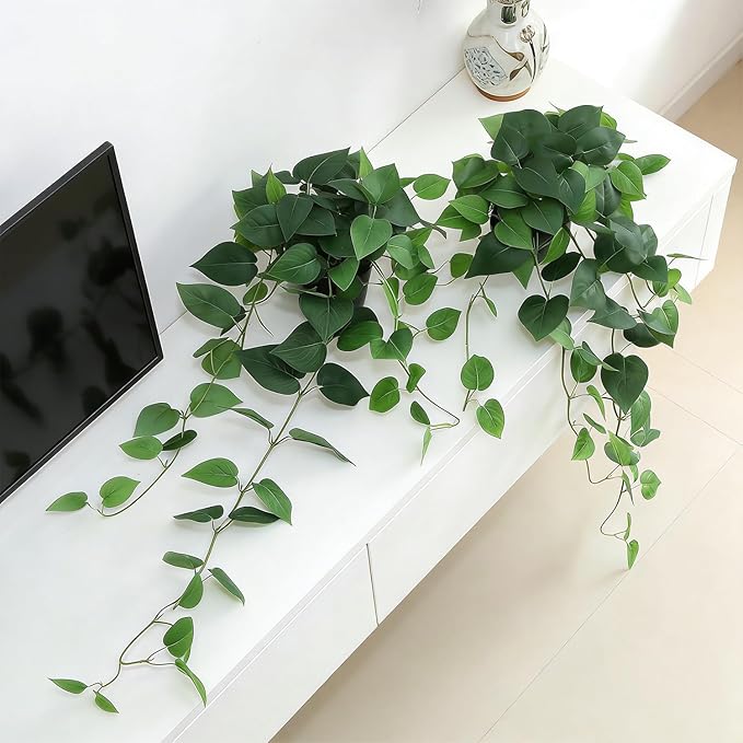 Fake Pothos Hanging Plants with Pots, 33.5" Set of 2 Faux Ivy Vines, Realistic Silk Artificial Plants Greenery for Home Indoor Decor, Living Room, Desk Shelf, Bathroom Decoration