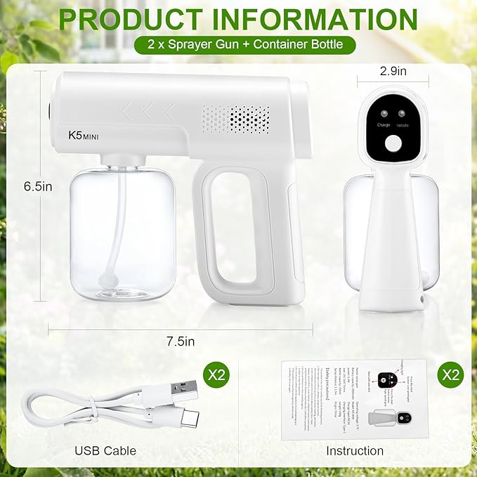 2 Pack Rechargeable Atomizer Nano Sprayer Gun for Mosquito Repellent Handheld Nano Mist Garden Repellent Sprayer Portable Plant Mister Tool Large Capacity Electric Fogger for Home Office Garden