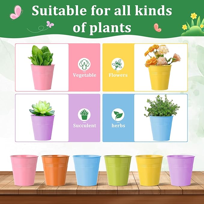 Indoor Herb Garden Set of 6 Metal Herb Planter Windowsill Plant Pots with Tray Drainage Holes for Outdoor Or Indoor Plants (Multicolor)