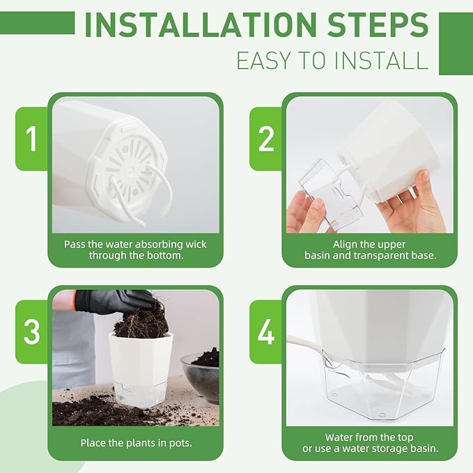 6-Pack Self Watering Planter Pots, 5 Inch Plastic Planters with Drainage Holes, Cotton Rope and Trays, Decorative Flower Pots for Indoor Outdoor Garden Plants (White)