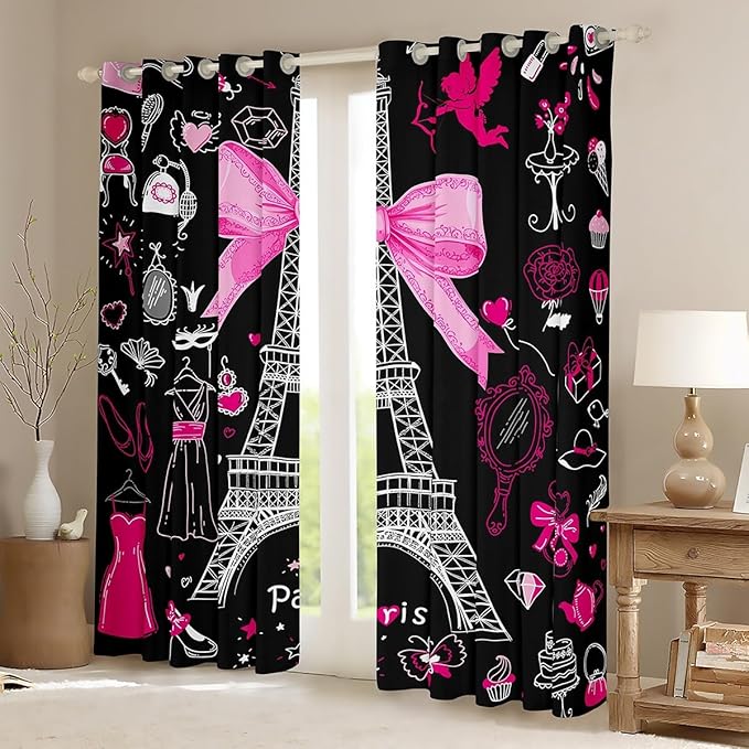 Paris Curtains & Drapes Love Decor,Eiffel Tower of France Blackout Curtains,Romantic City Building Window Treatments 2 Panels 38"Wx54"L,Make-Up Theme Princess Dress Chic Fashion Window Curtains