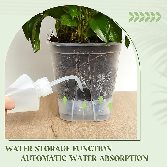 Wonderjune Self Watering Pots for Indoor Plants with Deep Reservoir and High Drainage Holes for Outdoor Plants and Flowers, Bare Root Planter(4.72''/5.91''/7.09''/8.27'',Clear,4 Pcs)