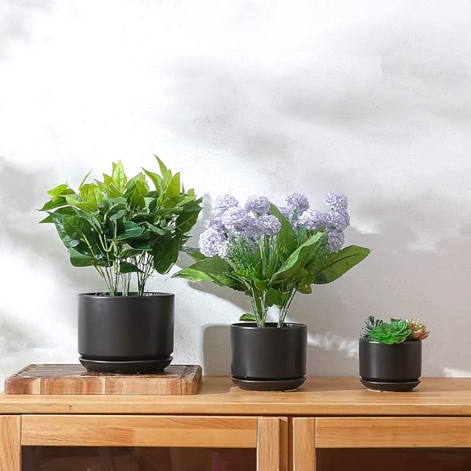 Yishang Succulent Plant Pots,6.7+5.3+4.1 in Glazed Ceramic Planters with Connected Saucers, Round Modern Ceramic Flower pots - Small to Large Sized Plant pots for All House Plants(Matte Black)
