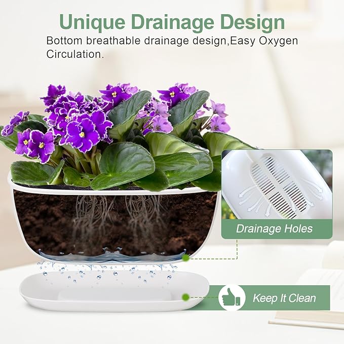 Oliz Set of 4 White Oval Shallow Herb Garden Planters with Drainage Holes and Trays (8.66 Inch) Plant Pots for Herbs Basil Orchids Succulents, Modern Herb Garden Planter for Indoor/Outdoor Plants
