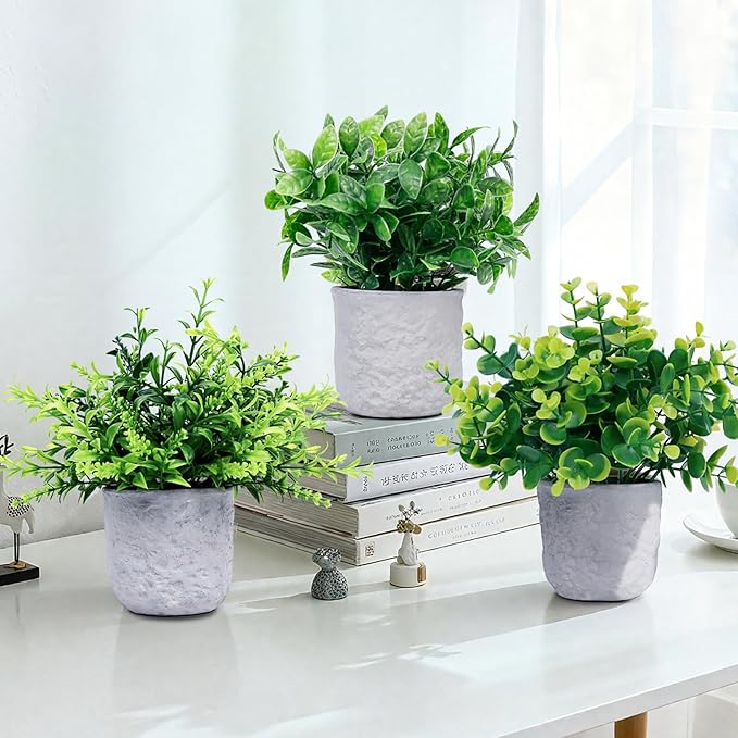 3-Pack Potted Artificial Plants, Small Eucalyptus Faux Plants for Shelf Desk Home Bathroom Farmhouse Room Coffee Table Decor (Green)