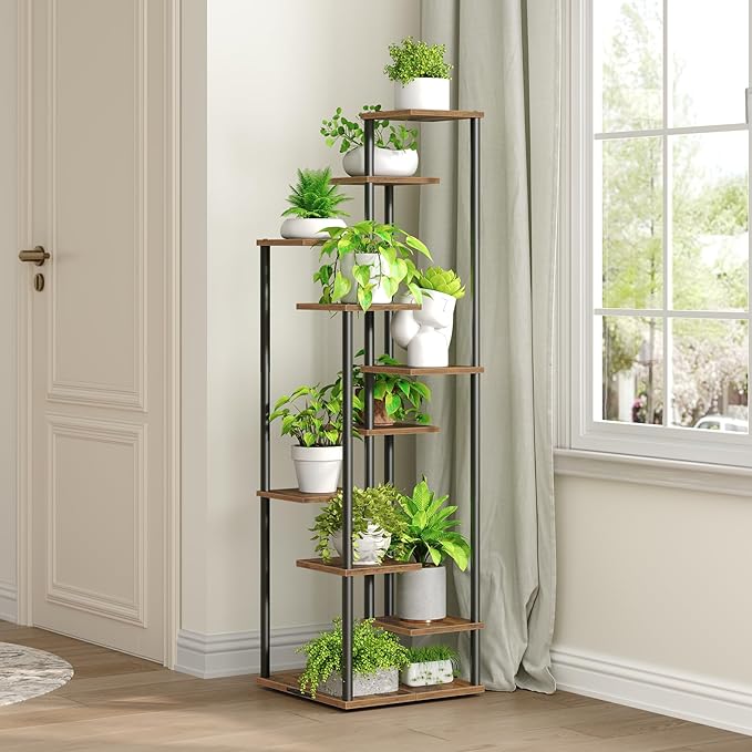 Yzosvki 10 Tier Plant Stand Indoor, Tiered Corner Plant Shelf Flower Stand for Living Room, Balcony, Patio, Garden, Rustic Brown