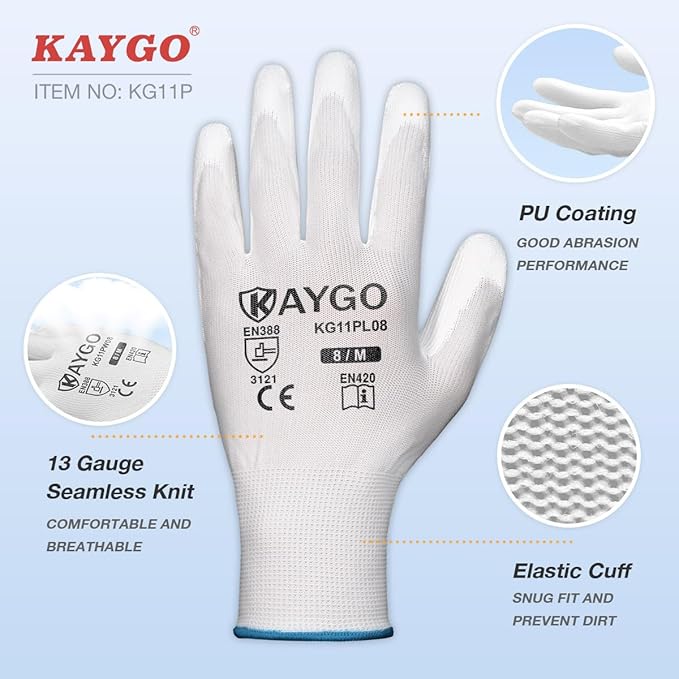 KAYGO Work Gloves for Men and Women, 12 Pairs Seamless Knit PU Coated Safety Gloves, with Smooth Grip on Palm and Fingers, Ideal for Light Warehouse, Manufacturing, Gardening, KG11P (XL, White)