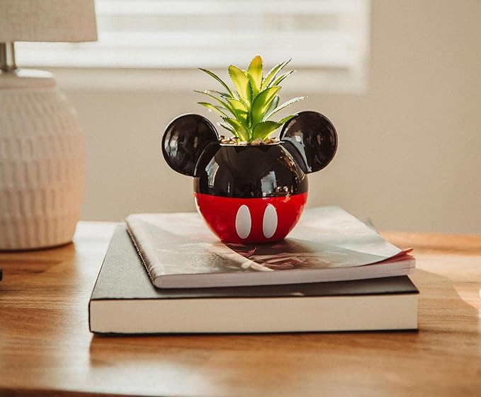 Silver Buffalo Disney Mickey Mouse 3-Inch Ceramic Mini Planter with Artificial Succulent | Small Flower Pot, Faux Indoor Plants for Desk Shelf, Home Decor Trinket Tray and Collectibles