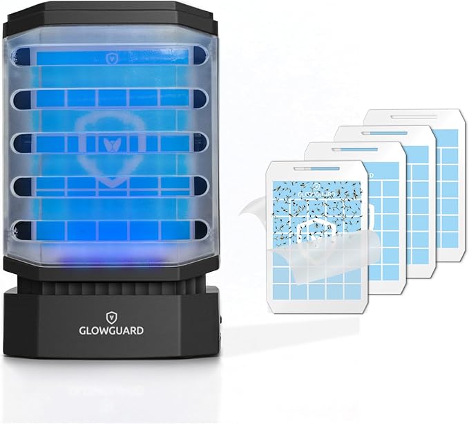 GlowGuard-X Rechargeable Indoor Fly Trap & Gnat Killer, Multi-Purpose Mosquito Trap and Shockless Indoor Bug Zapper, Includes 1 Device + 4 Glue-Card Refills, 48hr Battery Life, Black