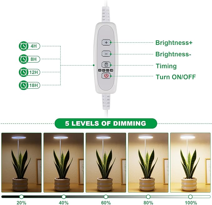 2 Pack Grow Light with Base, 6000K White Full Spectrum Growing Light Lamp for Indoor Small Mini Micro Green Pot Plants, 5-Level Dimmable, Auto Timer 4/8/12/18 Hrs