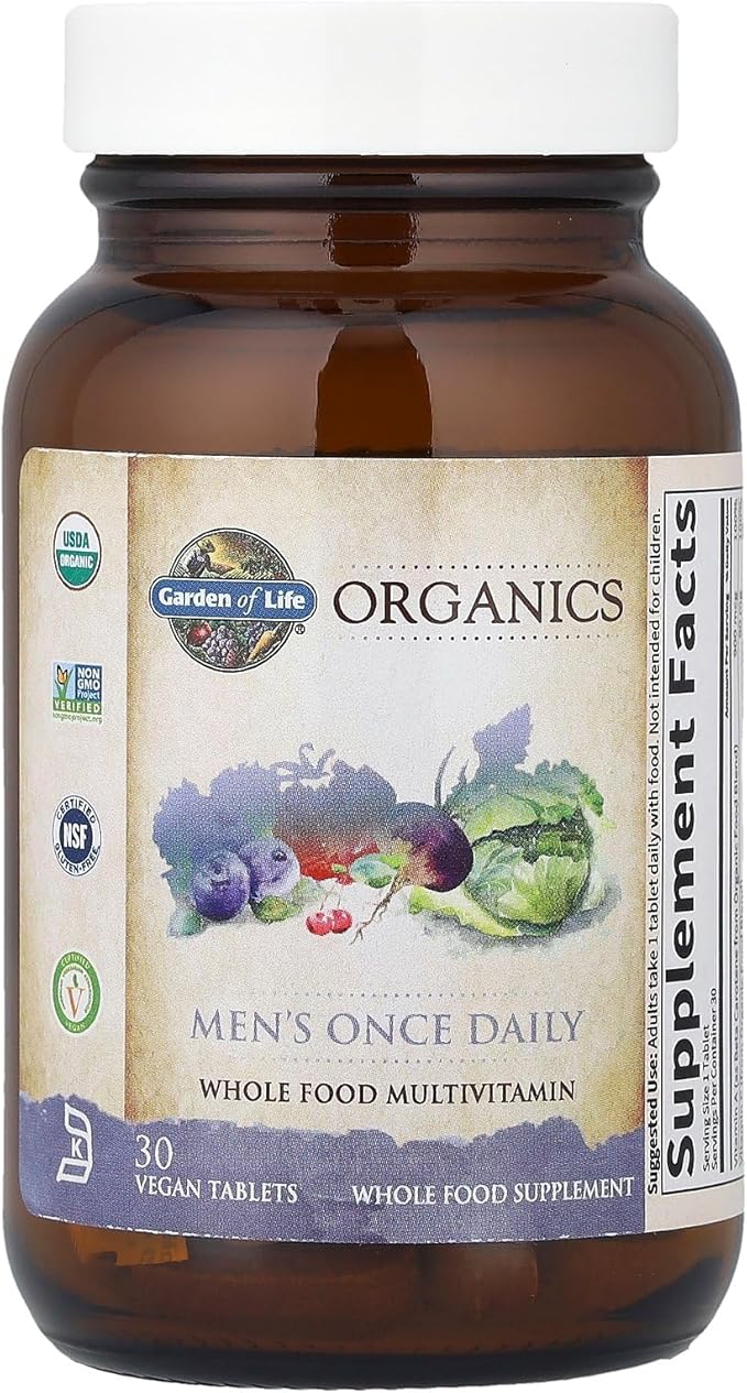 Garden of Life Once Daily Whole Food Multivitamin for Men, Organic Mens Vitamins & Minerals, Vitamin C, Zinc, Vegan, for Health & Well-Being, 30 Tablets