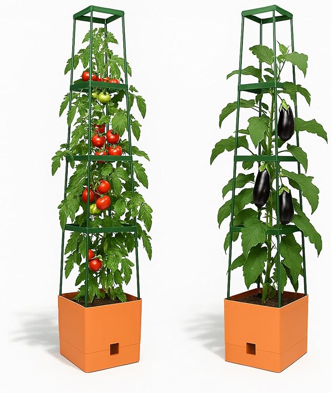BioGreen 2 Pack Garden Tomato Planter MAXITOM, with Plant Support Trellis 59 inch and Self Watering, 4,2 Gal Planter Box for Climbing Vegetables Plants, Terracotta
