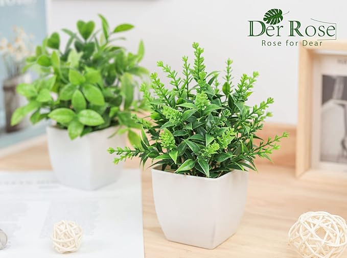 Der Rose 2 Pack Fake Plants Small Faux Artificial Small Potted Plants Indoor for Room Home Office Farmhouse Bathroom Decor
