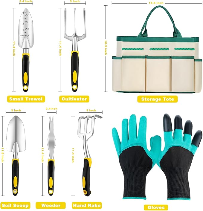 FrutPunch Garden Tools, Ergonomic Gardening Tools, Gardening Hand Tools Aluminum Alloy Material, 7-piece an Ideal Gardening Gift for Women, Men and Parents, Yellow