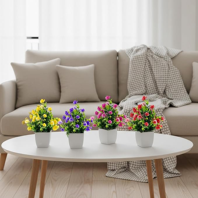 CEWOR Fake Flowers 4 Packs Artificial Plants Indoor Mini Eucalyptus Flowers Decorations for Spring Desk Wedding Bathroom Office Home Room Table Decor Indoor Outdoor