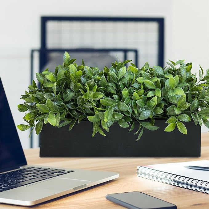 Winlyn 14" Artificial Boxwood Plant Greenery Arrangement Faux Boxwood in Black Rectangular Wooden Planter Potted Herb Plant for Farmhouse Home Decor Wedding Windowsill Mantel Shelf Table Centerpiece
