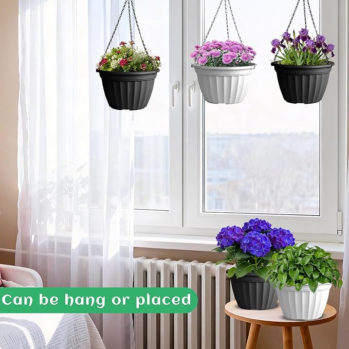 FGstyle Hanging Planters 10 Inch, 6 Pcs Self Watering Pots for Indoor Plants, Plastic Hanging Basket with Soil Elevator and 20" Chain for Home Garden Porch Balcony Patio Decor (Black & White)