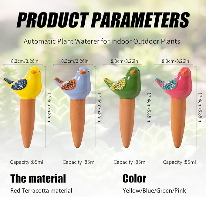 SURE YUESI 4 Pack Self Watering Bird Shaped Globes, Terracotta Vacation Planters Devices with Slow Release Automatic Watering Spikes, Plant Watering Pots for Indoor and Outdoor Potted Plant