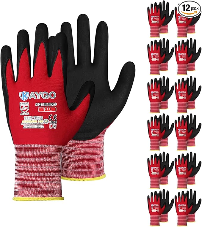 Safety Work Gloves MicroFoam Nitrile Coated-12 Pairs,KAYGO KG18NB,Seamless Knit Nylon Glove with Black Micro-Foam Nitrile Grip,Ideal for General Purpose,Automotive,Home Improvement,Red