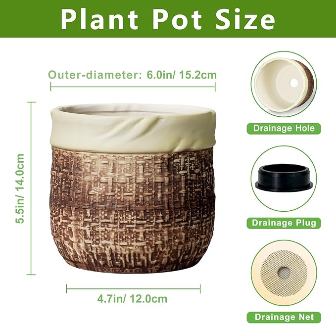 6 Inch Plant Pot - Ceramic Pots for Plants with Drainage Hole and Plug, Unique Plant Pots for Indoor Outdoor Plants, Round Planter, Room Home Decor, Gifts for Plant Lovers, Brown