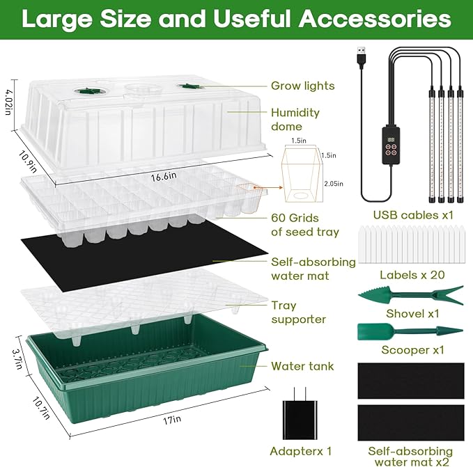 BlumWay 120-Cell Self-Watering Seed Starter Tray with Grow Light, 1-24H Timer, Seed Starter Kit with 4.02" Humidity Dome, Seedling Tray for Indoor Plant Starter, Plant Germination Trays-Green