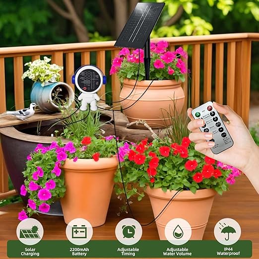 Solar Drip Irrigation System for Garden/Outdoor/Indoor, Garden Solar Automatic Watering System for 15 Potted Plants, Vacation Automatic Plant Waterer Outdoor with 2500mAh Battery, 50Ft Tube