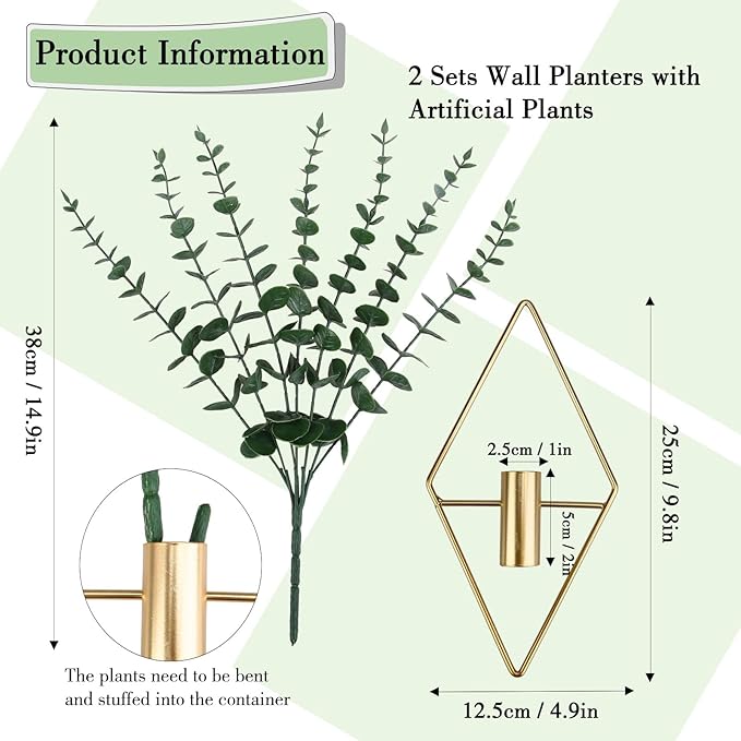 GREENTIME 2 Packs Hanging Planters with 15in Artificial Eucalyptus Plants for Indoor Outdoor Home Bathroom Living Room Wall Decor
