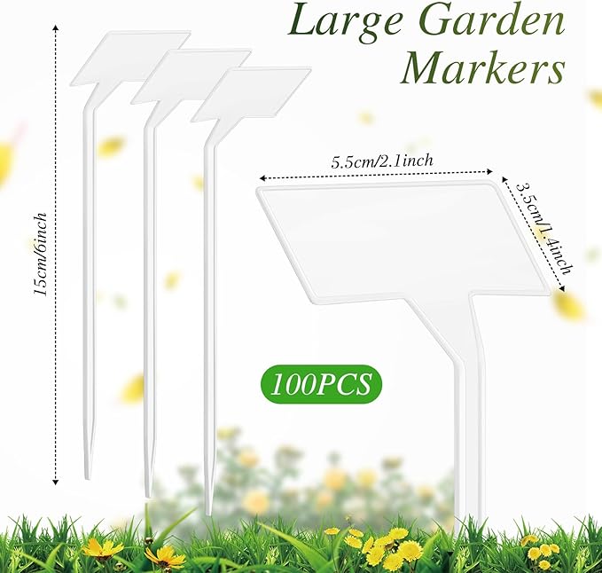 202 Pcs Large Plant Labels Kit, Include 100 Outdoor Plastic Plant T Type Tags Waterproof Reusable Plant Markers Stakes, 100 PET Films and 2 Marker Pens for Garden Herbs Flowers Pot (White, 6 Inch)