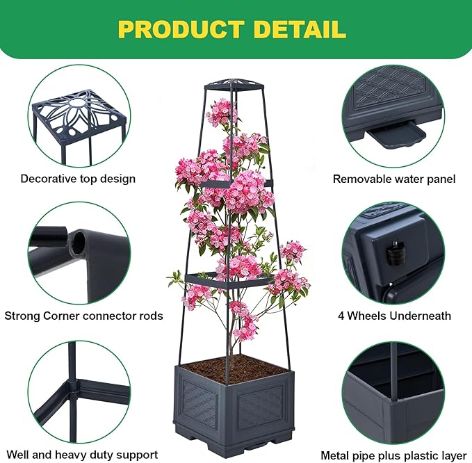 Raised Garden Bed, Tomato Cages for Garden, Tomato Cage, Raised Garden Beds Outdoor, Planter Box with Trellis, 44.8" Self-Watering Tomato Planter for Climbing Plants Vegetables Flowers(With Wheels)