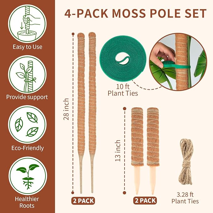 Moss Pole Monstera Plant Support, All Growth Stages, Two 28'' Bendable Poles & Two 12'' Stackable Coir Poles, 7mm Aluminum Core Houseplant Support Stakes, Indoor Trellis Accessories for Monstera