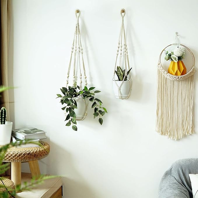 Bouqlife Macrame Plant Hangers with Pots and Saucers, 3 Pack Hanging Planters for Indoor Plants Hanging Plant Holders with Hooks 34" / 26" / 20"