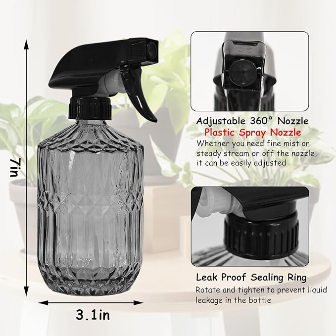YYTSGG Glass Plant Mister Bottle, 15oz Refillable Water Spray Bottle with Adjustable Mist Nozzle for Indoor Flowers, Outdoor Gardening, Cleaning, Hair and Pets Care (Gray)