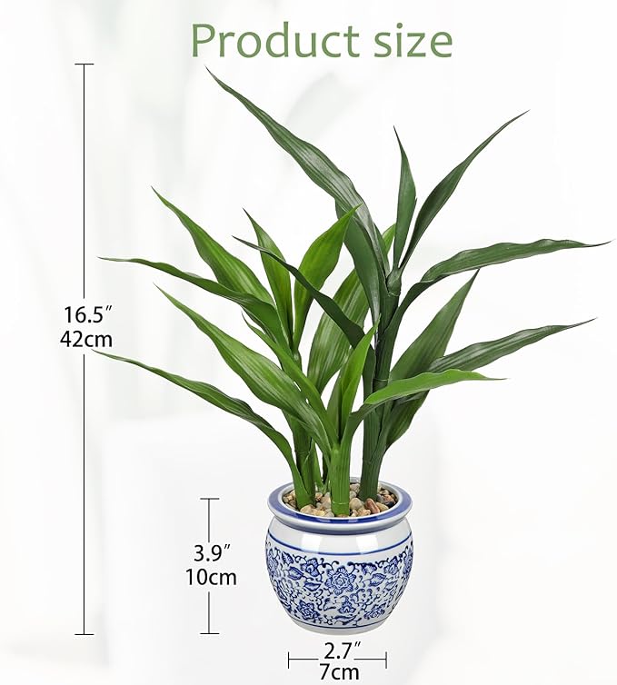 Artificial Potted Plants Indoor Home Decor 16.5" Tall Fake Lucky Bamboo Plant in Blue and White Ceramic Pot Faux Potted Plants Indoor Houseplant for Home Tabletop, Office Desk, Shelf, Zen Room