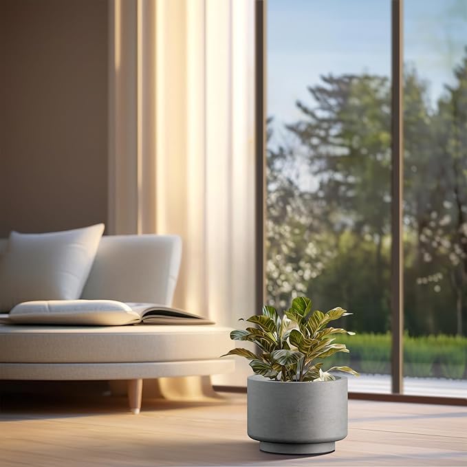 Kante 12.6 Inch Dia Concrete Planter, Round Pedestal Design Garden Pot for Indoor Outdoor Plants, Modern Flower Pot with Drainage Hole and Rubber Plug, Natural Concrete